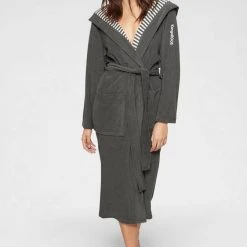 Damenbademantel »Dalia«, KangaROOS, außen Unifarben und innen mit Streifen Anthrazit-weiß, Blau-weiß, Beere