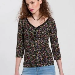 KangaROOS 3/4-Arm-Shirt mit minimalistischem Blumen allover-print - NEUE KOLLEKTION Wollweiß-bunt-geblümt, Schwarz-bunt-geblümt